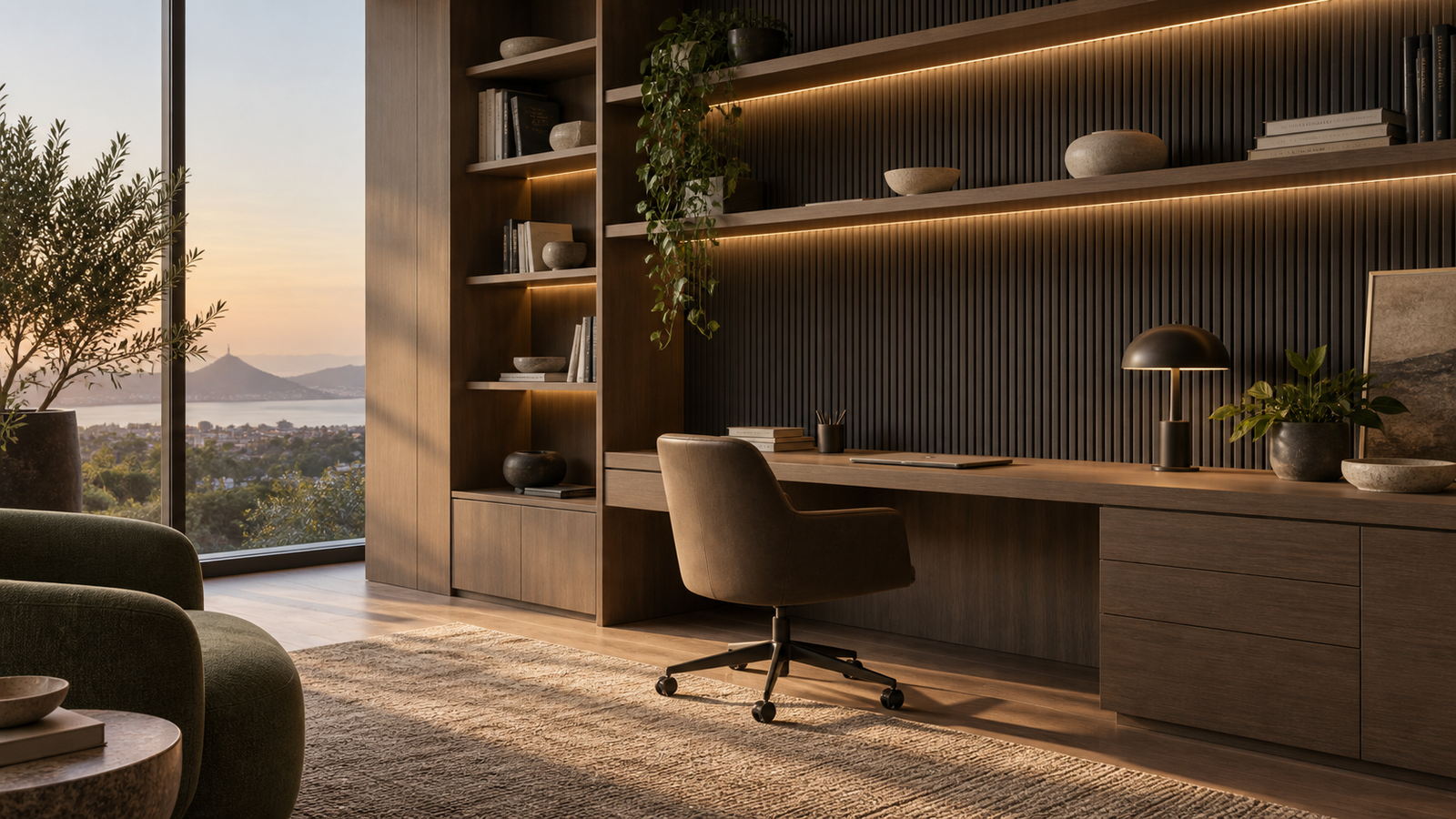 Home office com marcenaria em madeira e iluminação embutida