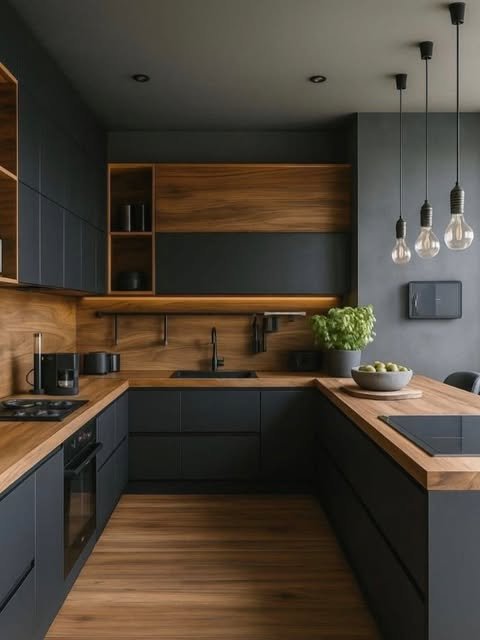 Cozinha PROJ em madeira e preto com iluminação embutida